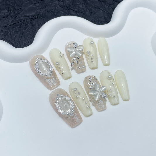 Handmade Press-on Nails Pearl Opal Flower Medium and Long Wearable Nail Patch Premium Light Luxury Nail Patch｜365nails