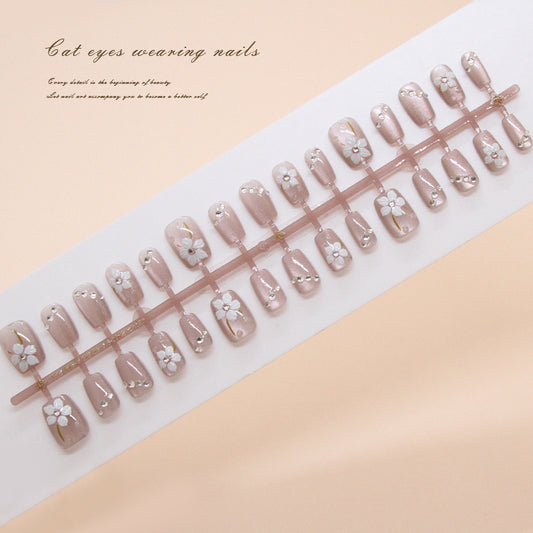 Nail Tips  prefabricated nail, press on nails, national style removable flower cat eye nail piece, short T manicure patch, drill model｜365nails