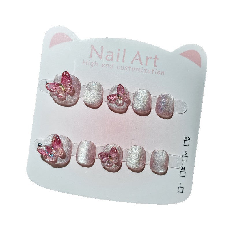 365nails:「極光粉蝴蝶」短款方圓形手工製兒童穿戴甲