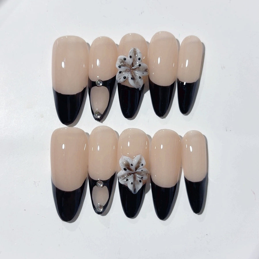 Dark Orchid: "Black French Orchid" – Almond Shape Handmade Press-On Nails