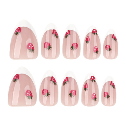 Unhas postiças francesas com bordas brancas, peça curta de unha postiça de amêndoa, morango doce, peça de unha postiça para pressionar｜365nails