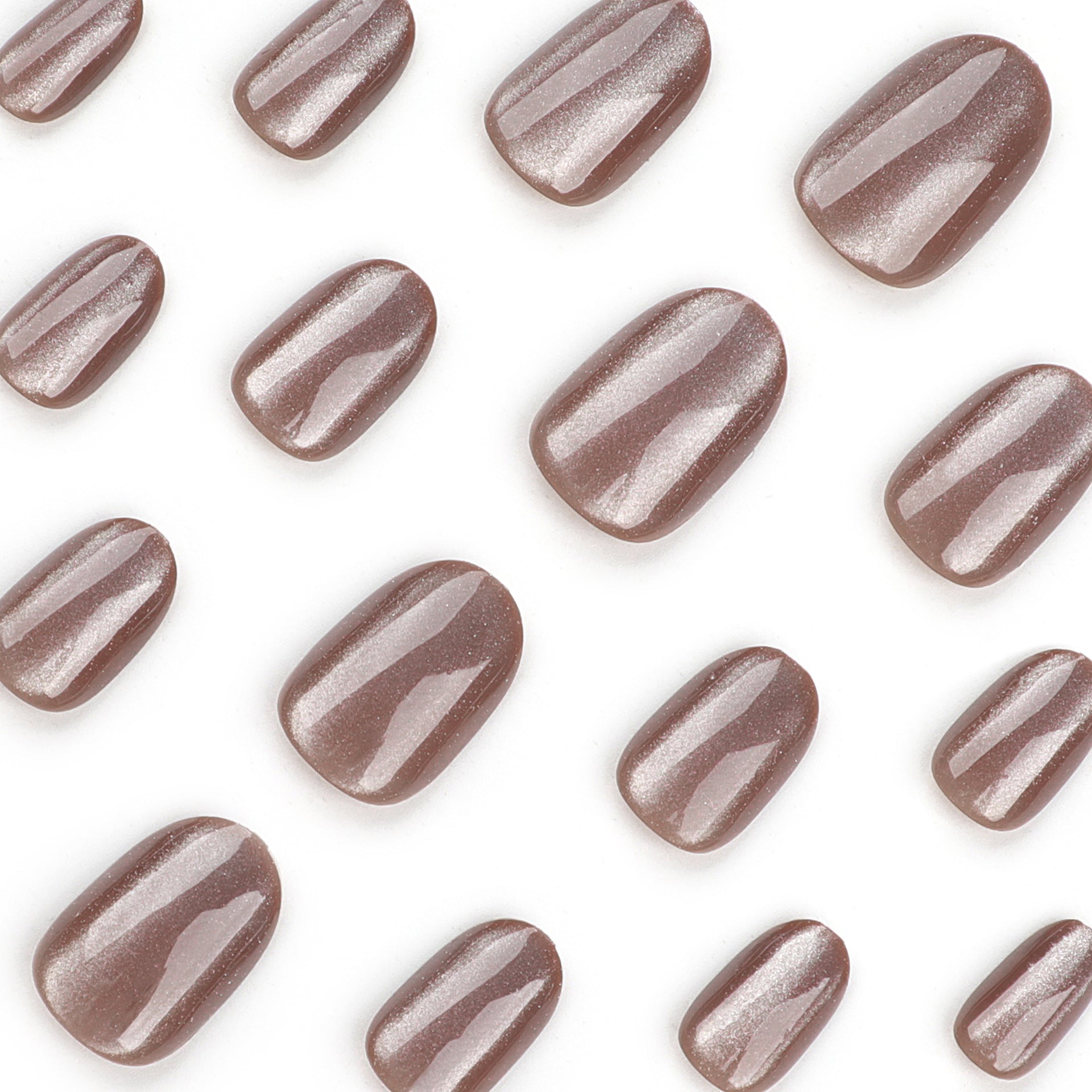Yiwu wears short nail pads, short round dark brown solid color white cat eye manicure wears fake nails wholesale｜365nails