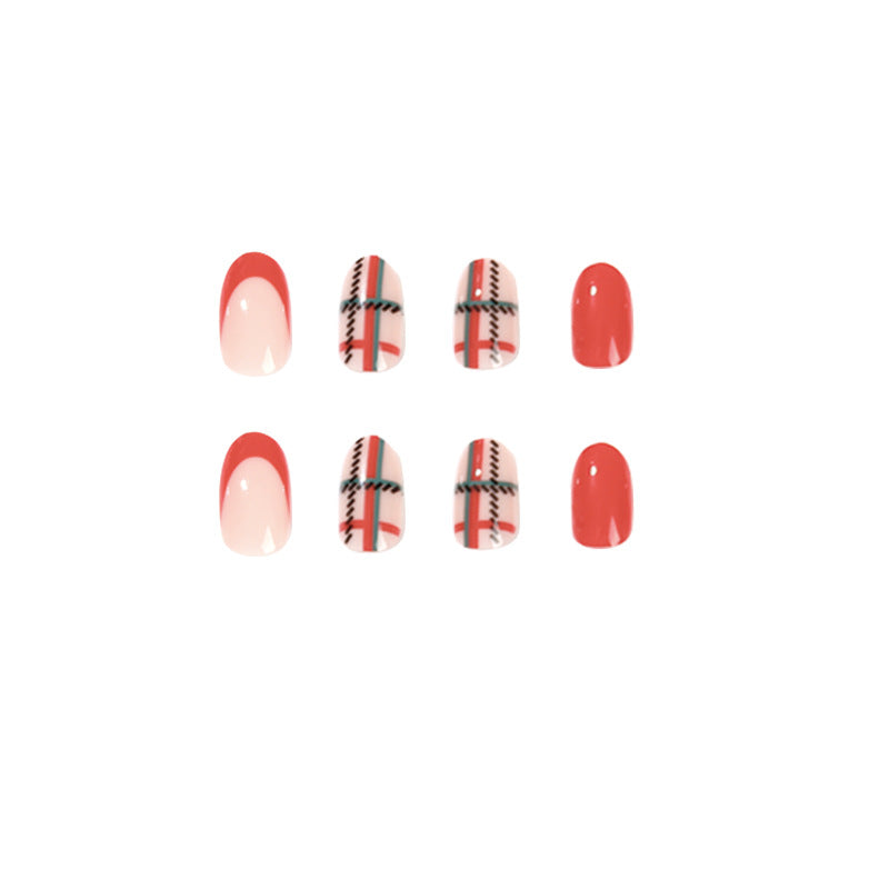 Unhas postiças de pressão curtas de Natal xadrez vermelho e verde, atacado, unhas de manicure removíveis ｜365nails
