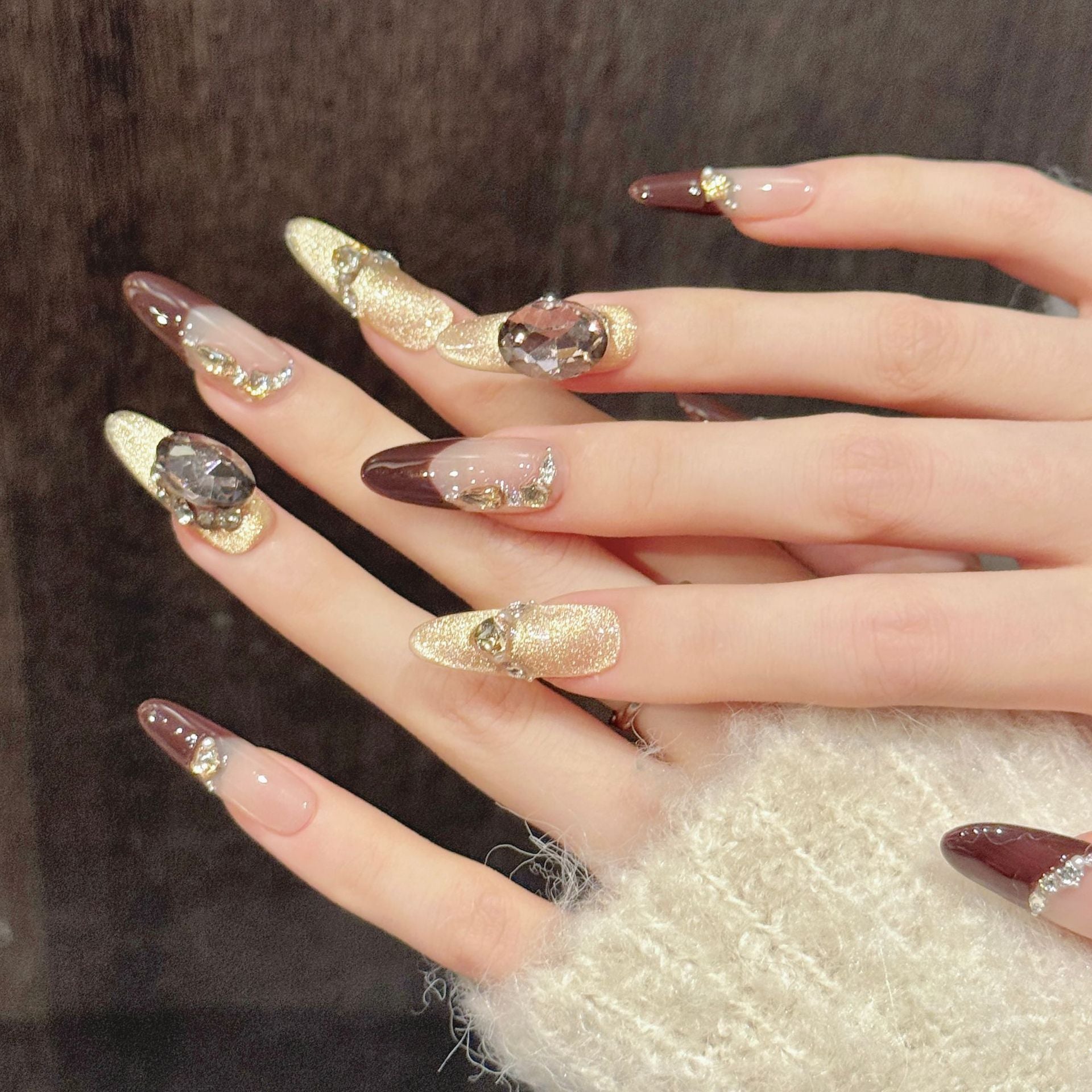 365nails: "Midnight Mocha" – Gold Leaf & Gemstone Handmade Coffin Nails