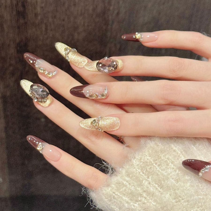365nails: "Midnight Mocha" – Gold Leaf & Gemstone Handmade Coffin Nails