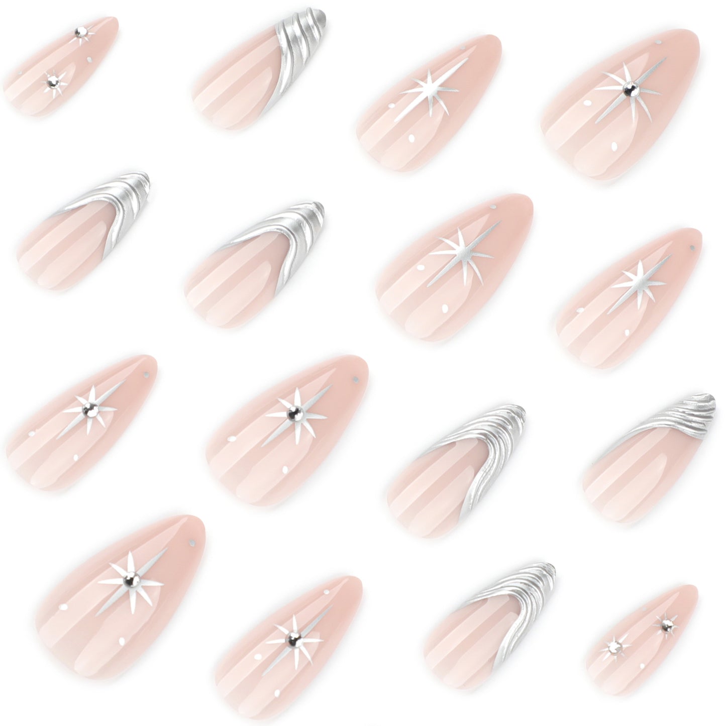 French 3D Silver Metallic Wind Pink Short Almond press-on nails