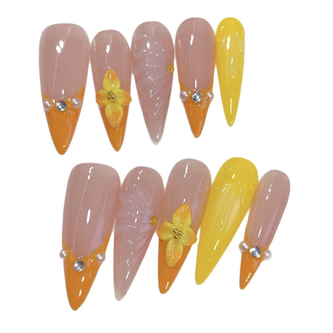 Sunset Bloom: "Aurora Flower" – Unhas Postiças Longas Almond