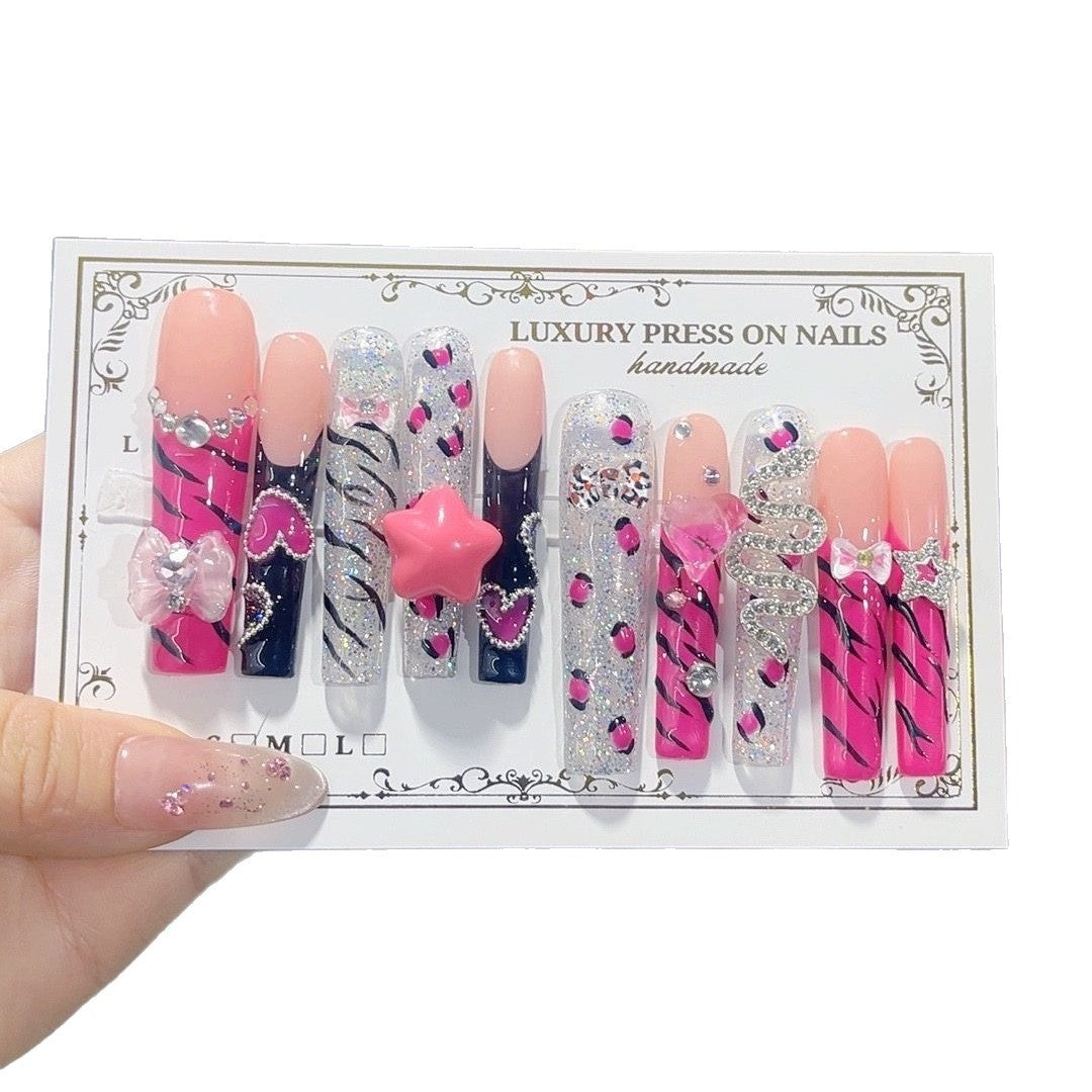 Pink Glitter Zebra Star Press On Nail Set