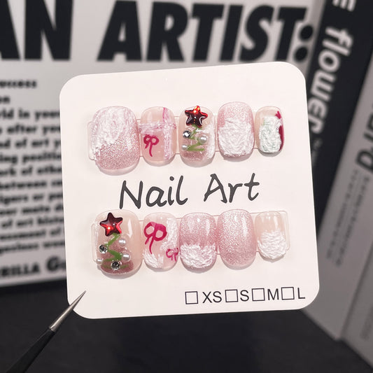 Handmade armor Christmas new snowy village cute sweet short cat eye manicure wearable nail sticker｜365nails