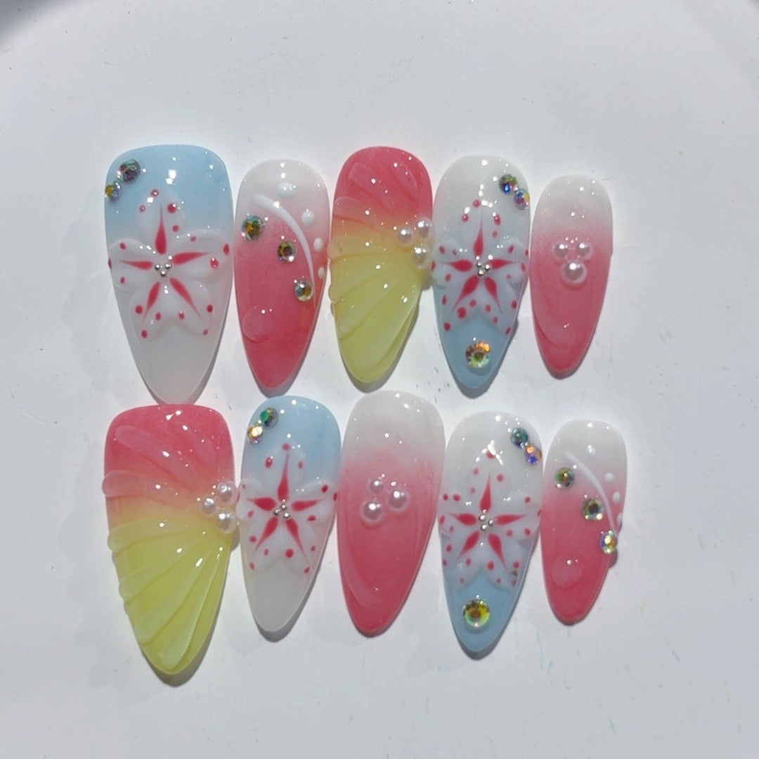 365nails-Ocean Breeze: "Coral Starfish" – Almond Shape Handmade 3D Carved Press-On Nails