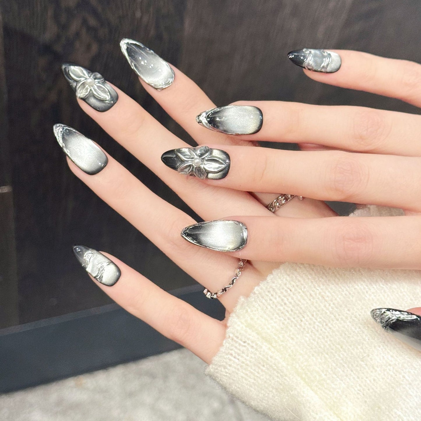 Silver Midnight Floral Press On Nails