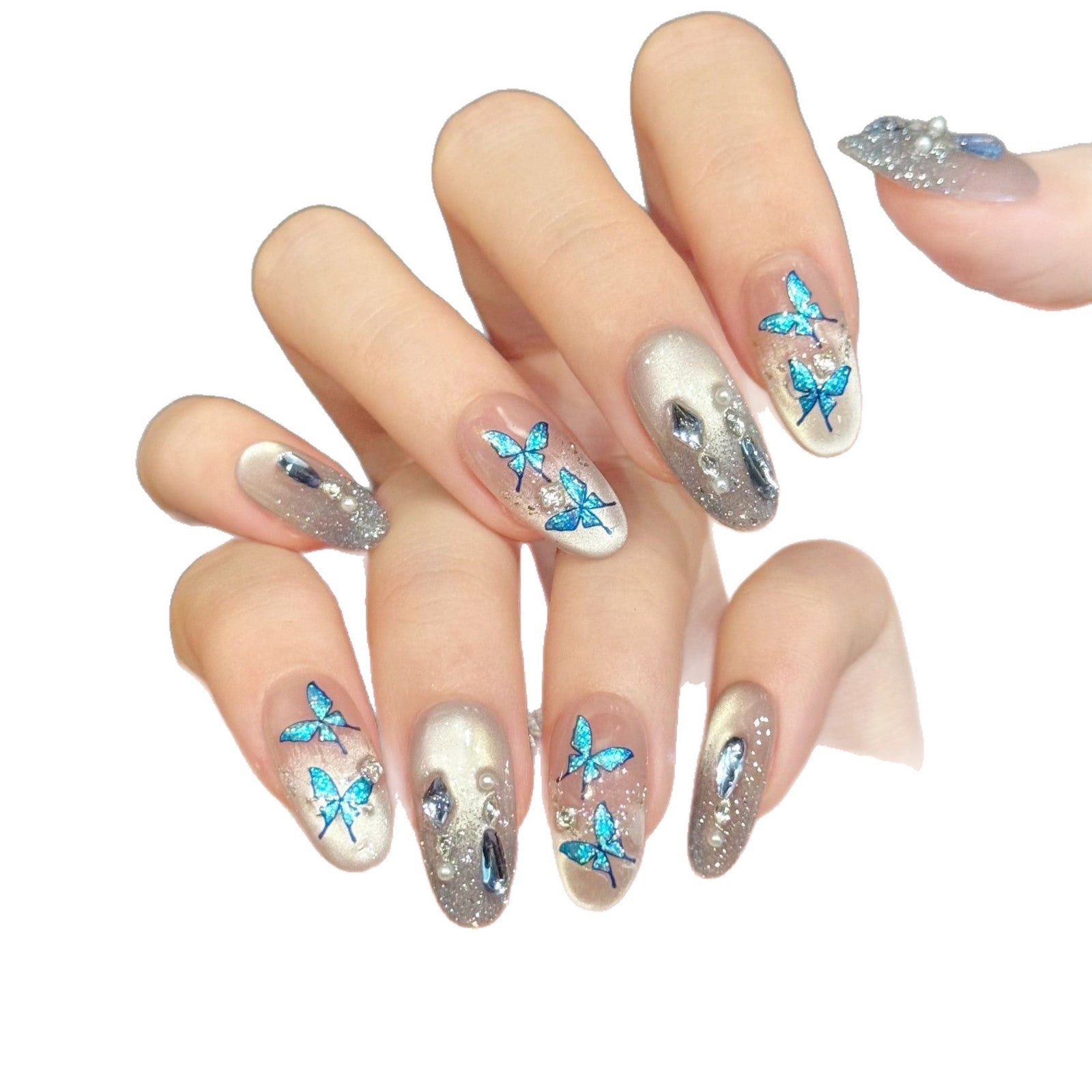365nails: 「蔚藍幻想」— 3D 蝴蝶與貓眼亮粉手工製長款杏仁形穿戴甲
