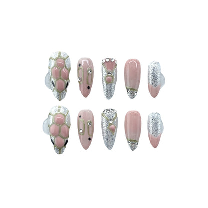 [Pure Handmade Real Shot] Arte em unhas xadrez com cabeça de cobra rosa para meninas, unhas médias e longas avançadas | 365nails