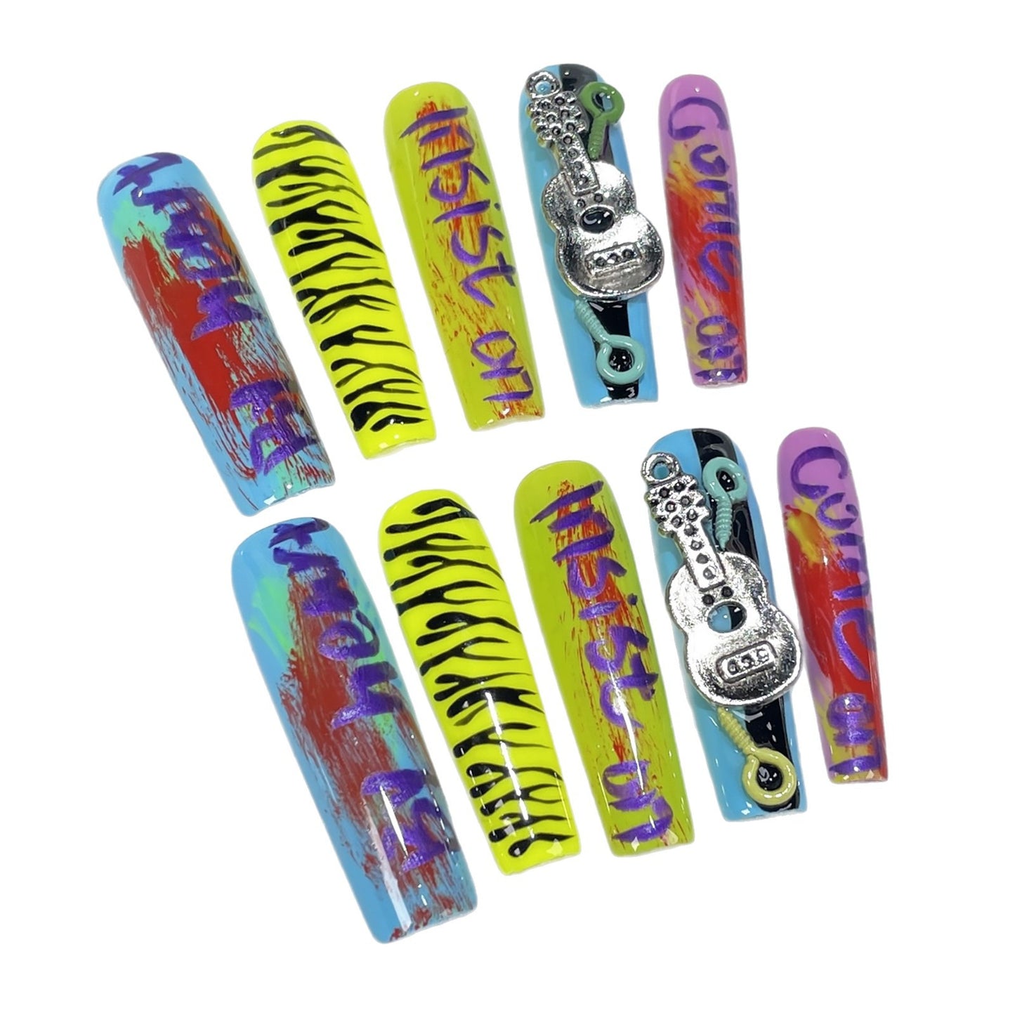 Handmade press-on nails  water pipe nail hand-painted graffiti music festival personality sweet and cool hot girl nail art pure handmade｜365nails
