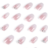 Pieza de arte de uñas rosa y blanco con cambio gradual, uñas postizas cortas con pétalos de diamantes de imitación, parche para uñas postizas, uñas postizas al por mayor | 365nails