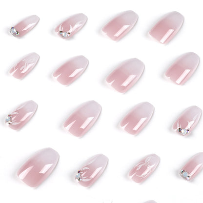 Nail art piece pink and white gradual change press on nails short petal rhinestone nail art patch press on nails press on nails wholesale｜365nails