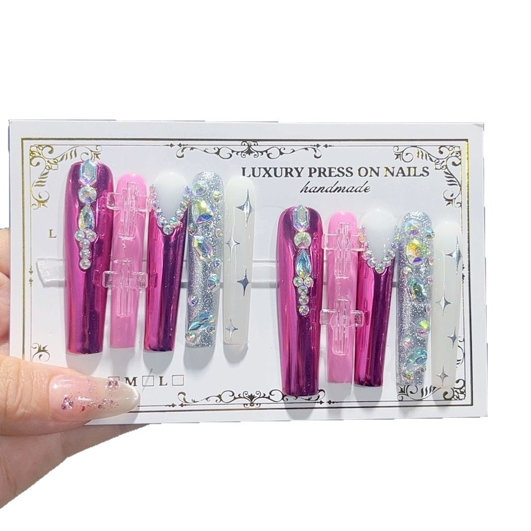 Glossy Pink Crystal Extra Long Press On Nails