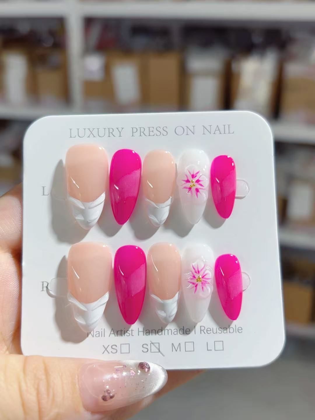 365nails-Pink Daisy: "Floral French" – Almond Shape Handmade Pressed-On Nails