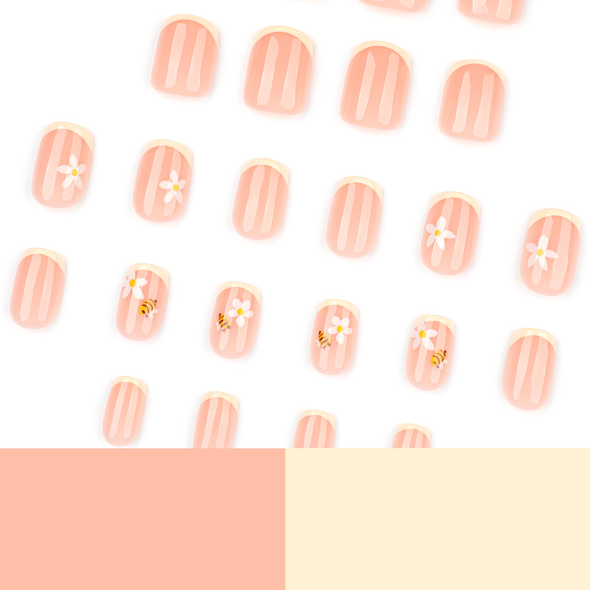 Produtos de arte para unhas Fresh Bee Flower, atacado, unhas postiças amarelas francesas, unhas curtas quadradas, 365nails