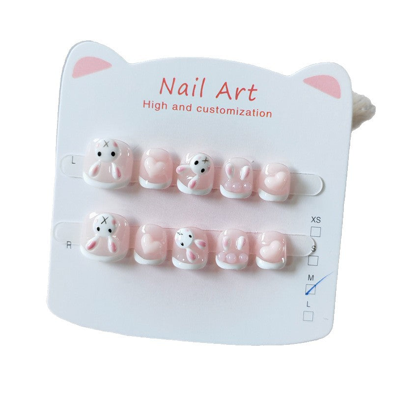 365nails: 水蜜桃法式小兔 – 短款 圓形 手工製 兒童穿戴甲