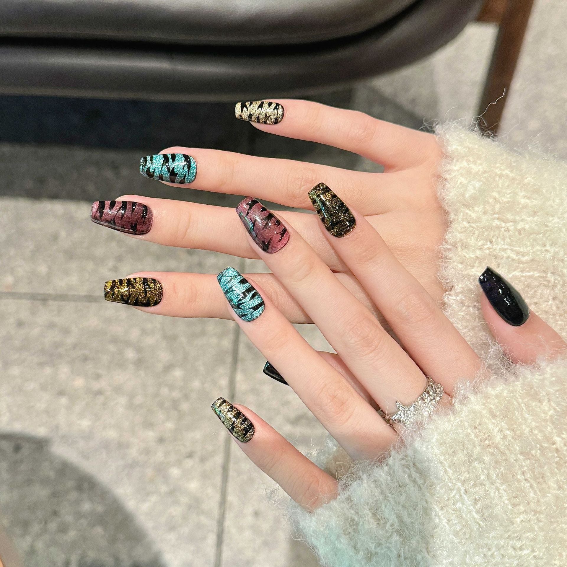 365nails: "Electric Safari" – Multi-Color Metallic Tiger Stripe Handmade Medium Square Nails