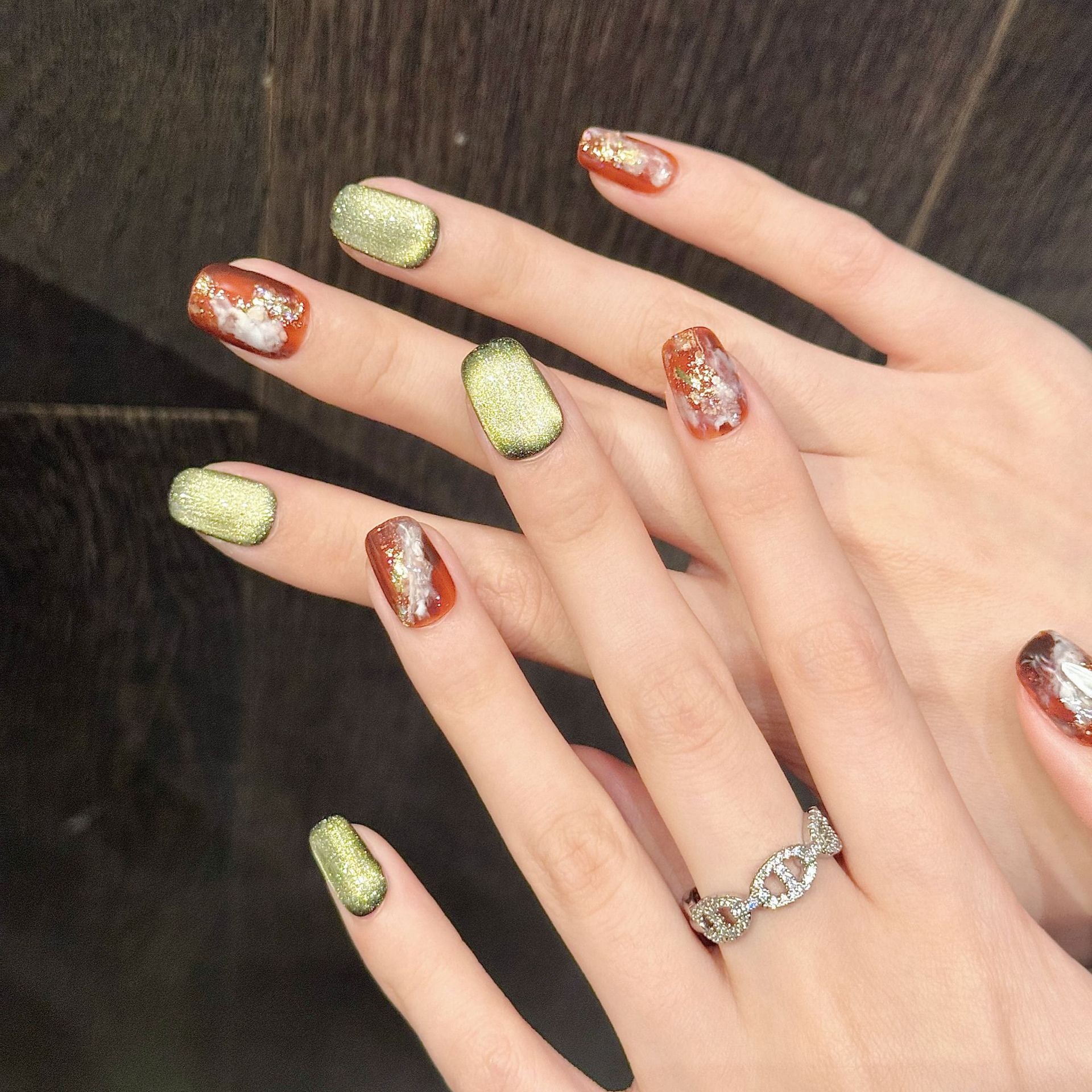 365nails: "Amber Sunset" – Hand-Painted Marble & Gold Foil Short Square Nails