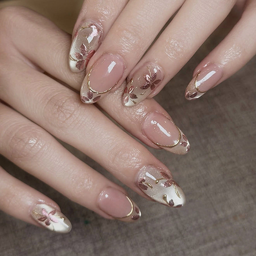 365nails: "Rose Gold Floral Almond" – Nude Press-on Nails with Gold Accents