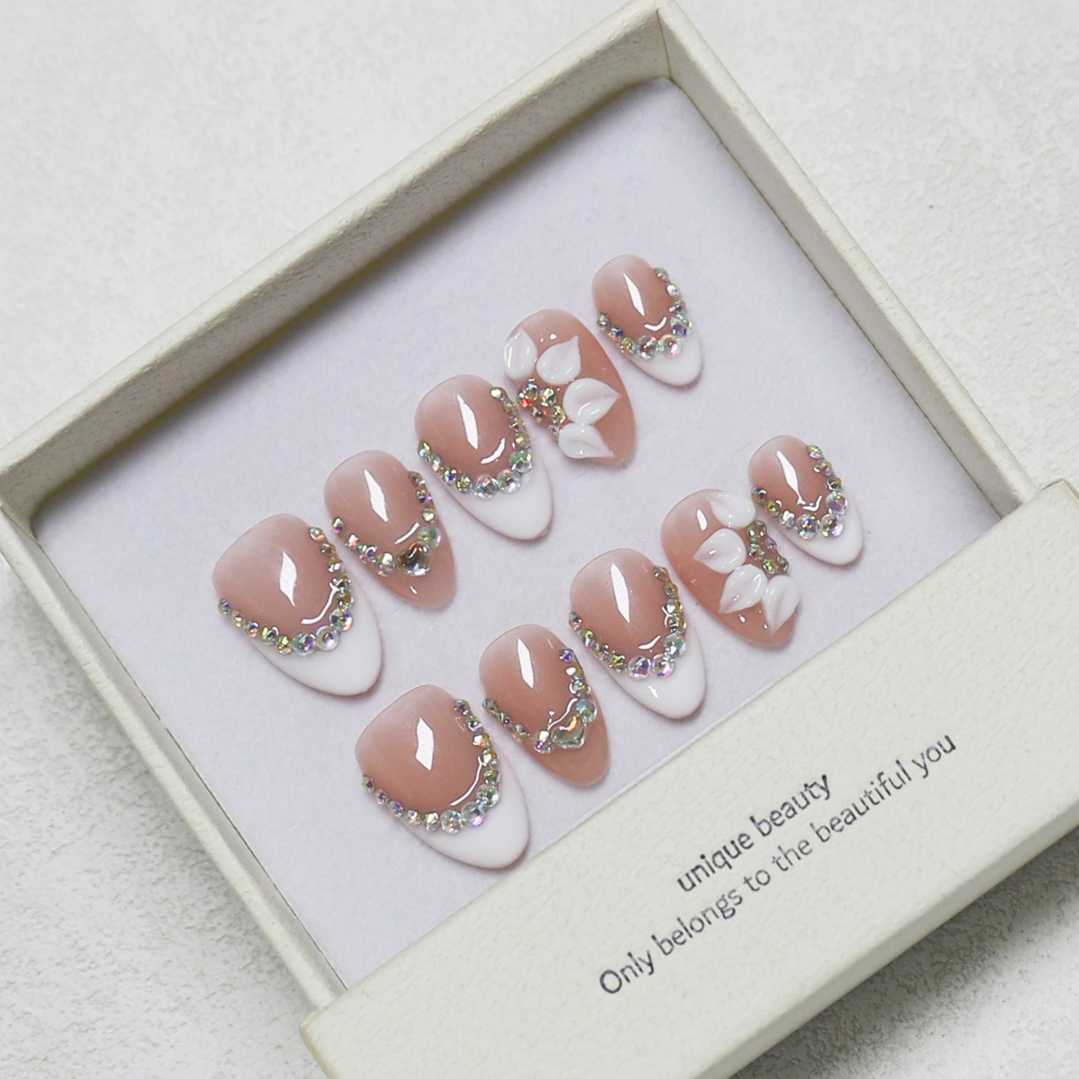365nails: "Elegant Orchid Bloom" – Medium Almond Nude French Rhinestone Handmade Press-On Nails