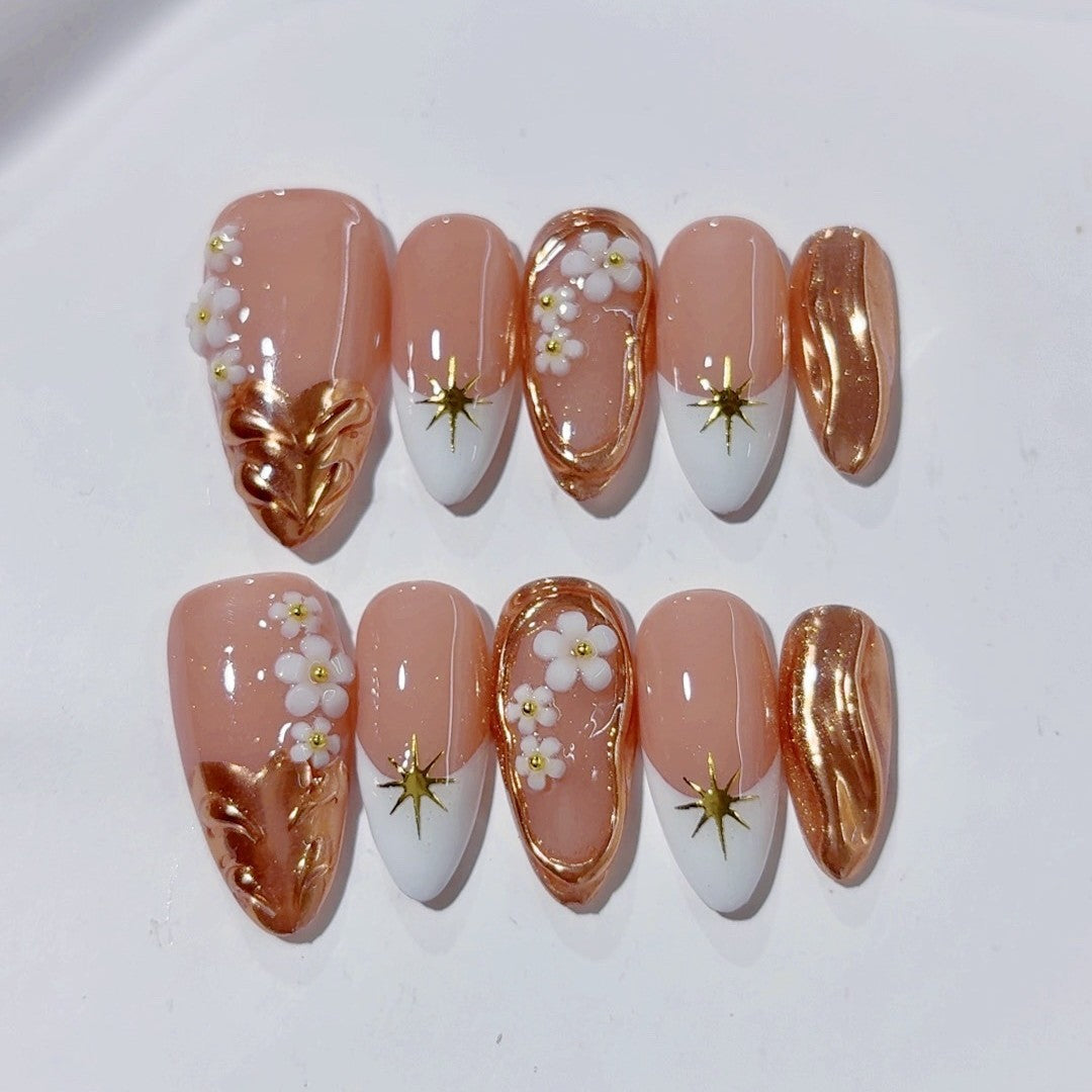 365nails: "Golden Bloom" – 3D Floral & Gold Leaf Handmade Almond Nails