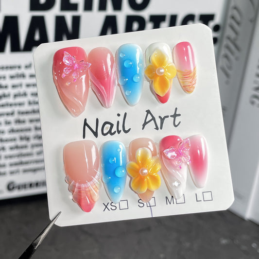 Unhas postiças artesanais 3D tridimensional escultura gelo penetrante remendo de unha francesa amêndoa atacado ｜ 365nails