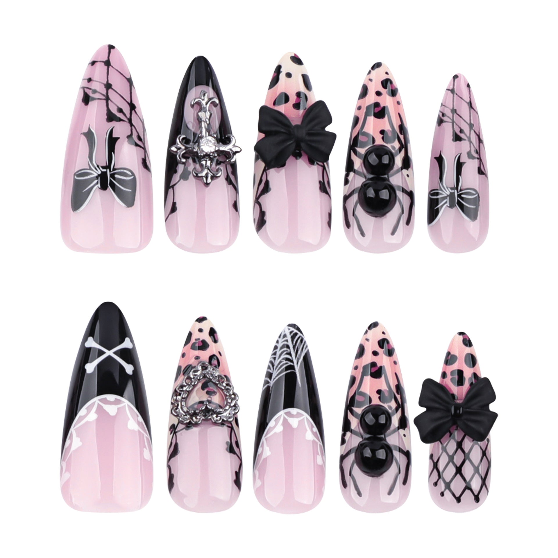 Belleza gótica con uñas postizas y estampado de leopardo francés, manicura francesa, lazo tridimensional, araña, pieza de uña personalizada | 365nails