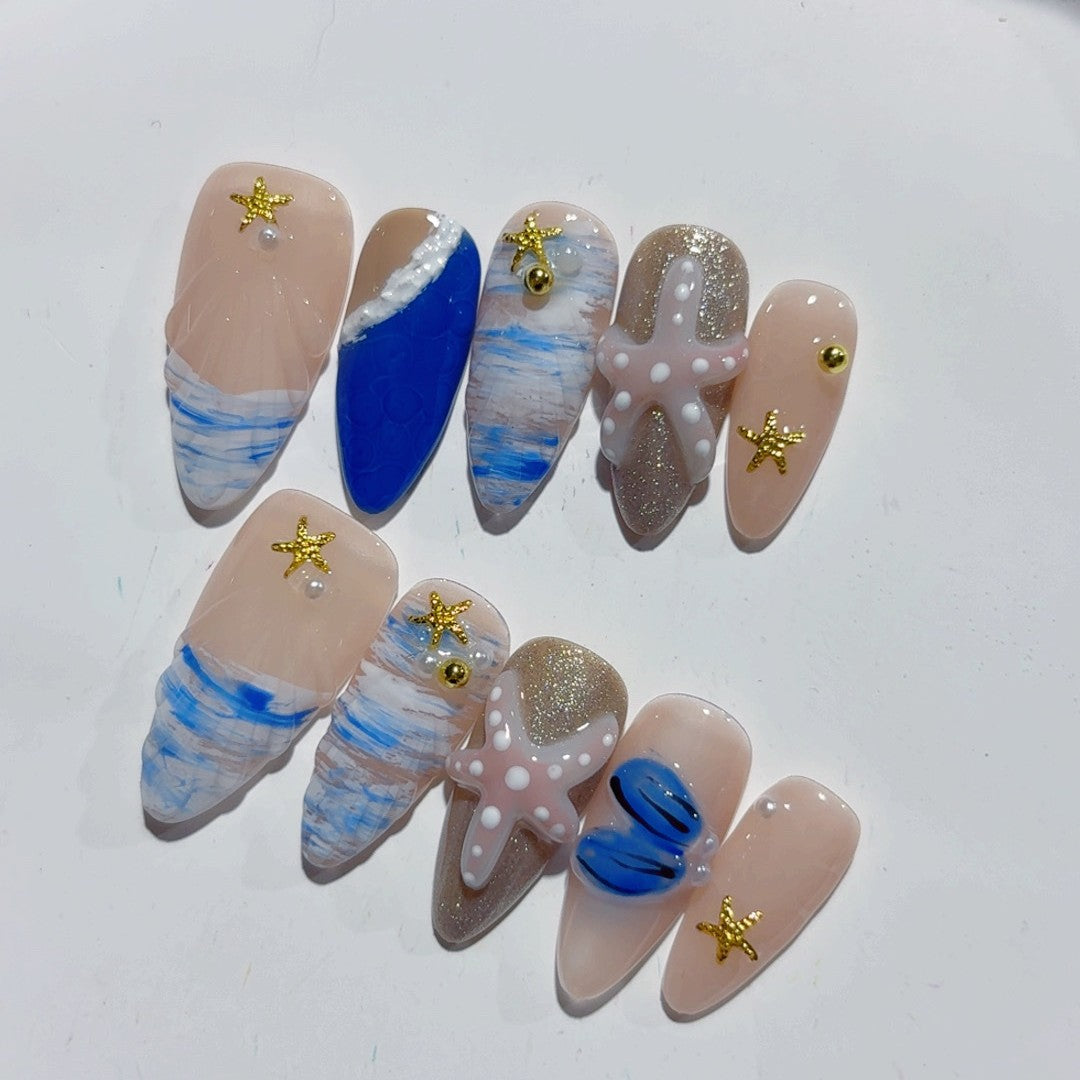 365nails 海岸逃逸：「貝殼海星」— 杏仁形手工製3D雕刻穿戴甲