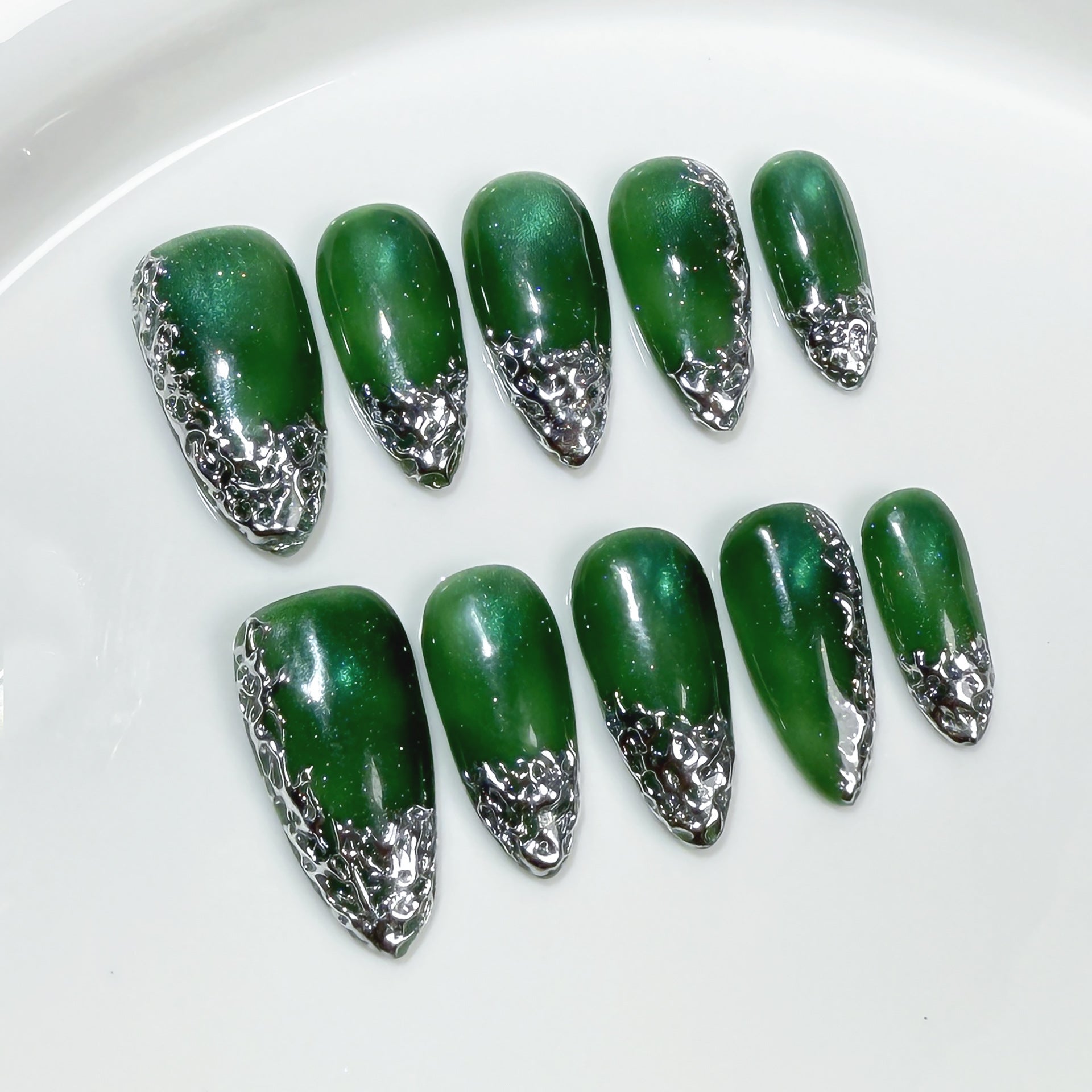 Uñas postizas hechas a mano, de jadeíta, ojo de gato, forma irregular de metal, con efecto almendra, producto terminado, venta al por mayor | 365nails