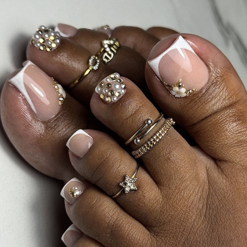Luxury Nude & Gold Rhinestone Press On Toenails | Elegant Bling Pedicure