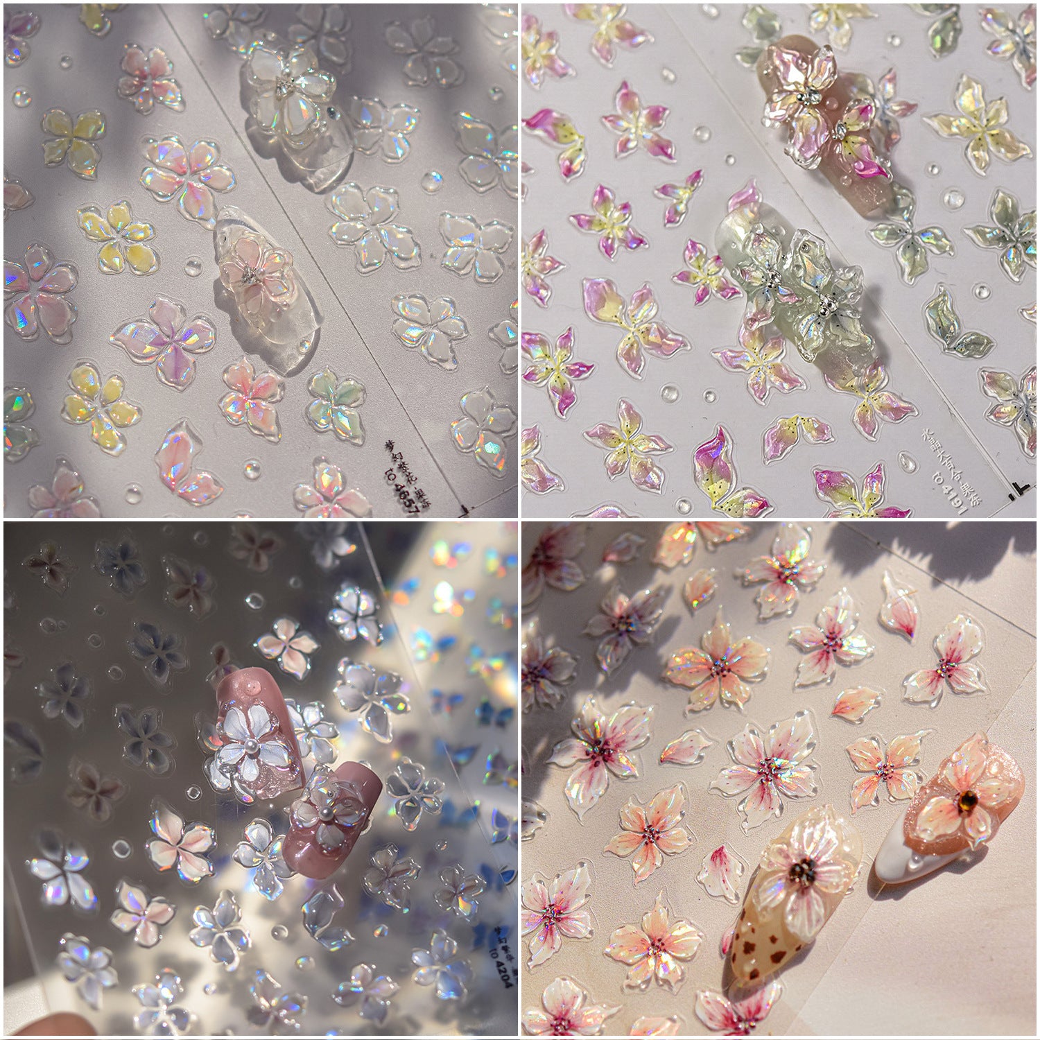Iridescent  Embossed Flower Nail Stickers – Translucent Petal Set