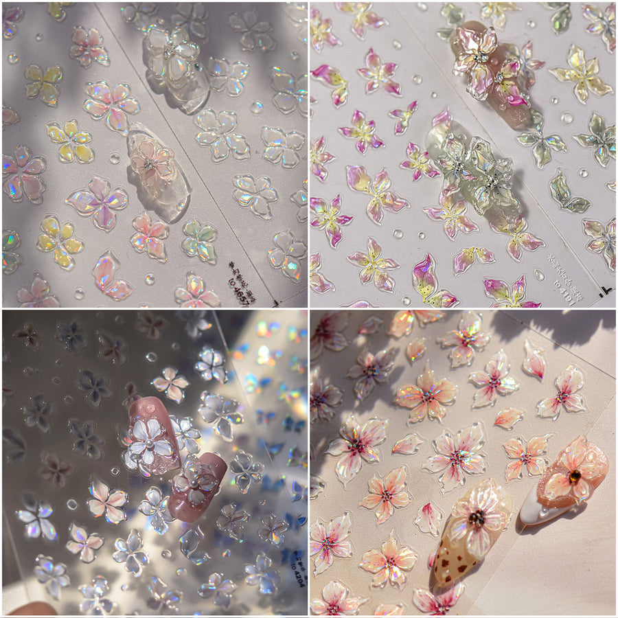 Iridescent  Embossed Flower Nail Stickers – Translucent Petal Set