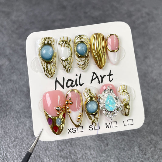 Metal relief almond-shaped nail art ice-penetrating French pure desire heavy industry press-on nails pure handmade｜365nails