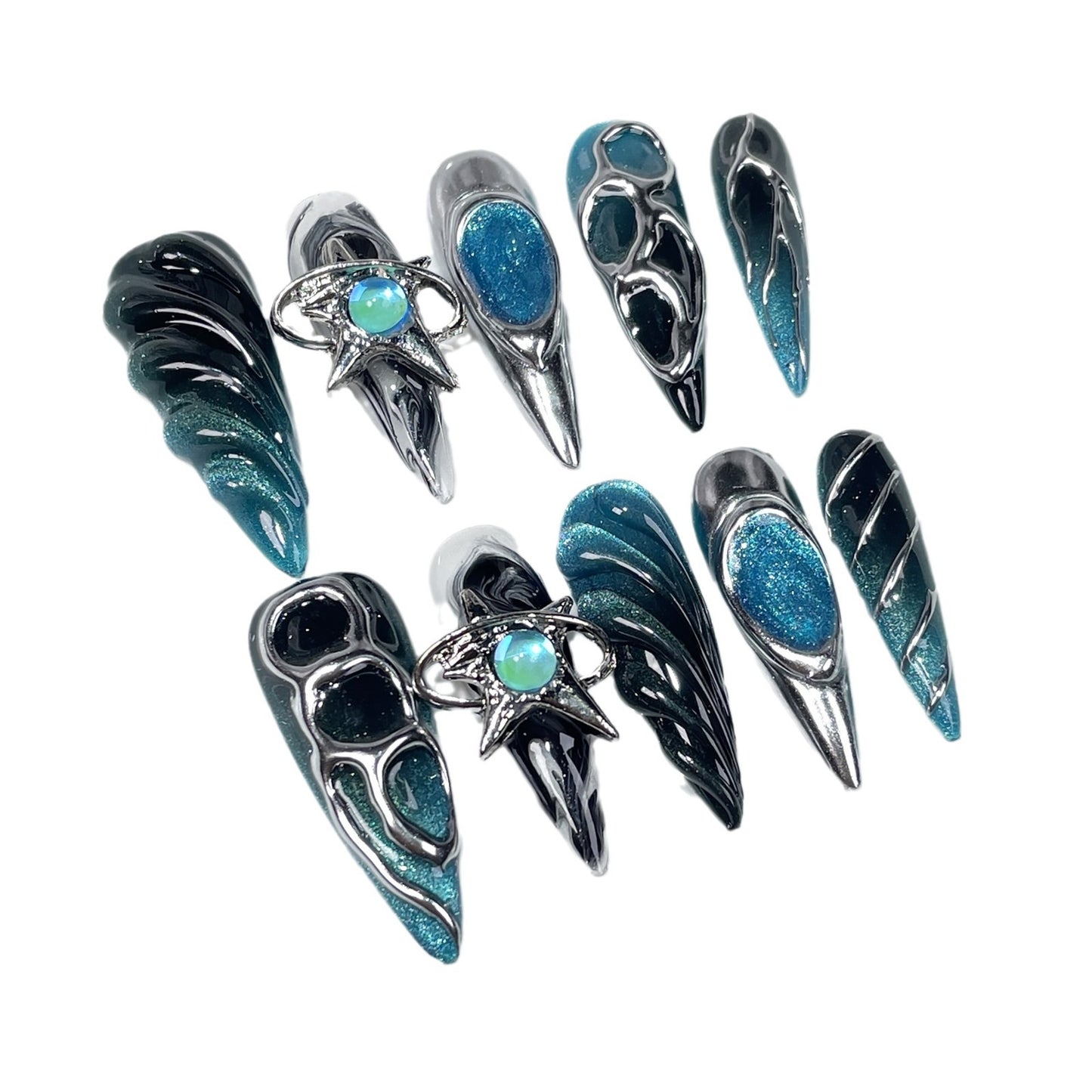 Sweet and cool babes hand-wear armor  relief metal modeling heavy industry long tip nail patch wear fake nails｜365nails