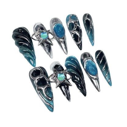Sweet and cool babes hand-wear armor  relief metal modeling heavy industry long tip nail patch wear fake nails｜365nails