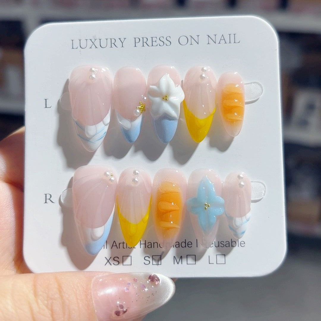 365nails-海濱之夢：「景泰藍綻放」— 杏仁形 手工製 3D 雕刻 穿戴甲