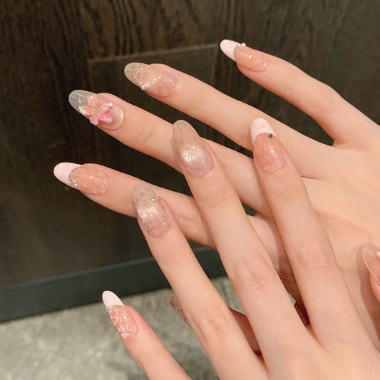 Linda flor de gelo, pó de pêssego tridimensional, unhas francesas de primavera e verão feitas à mão | 365nails