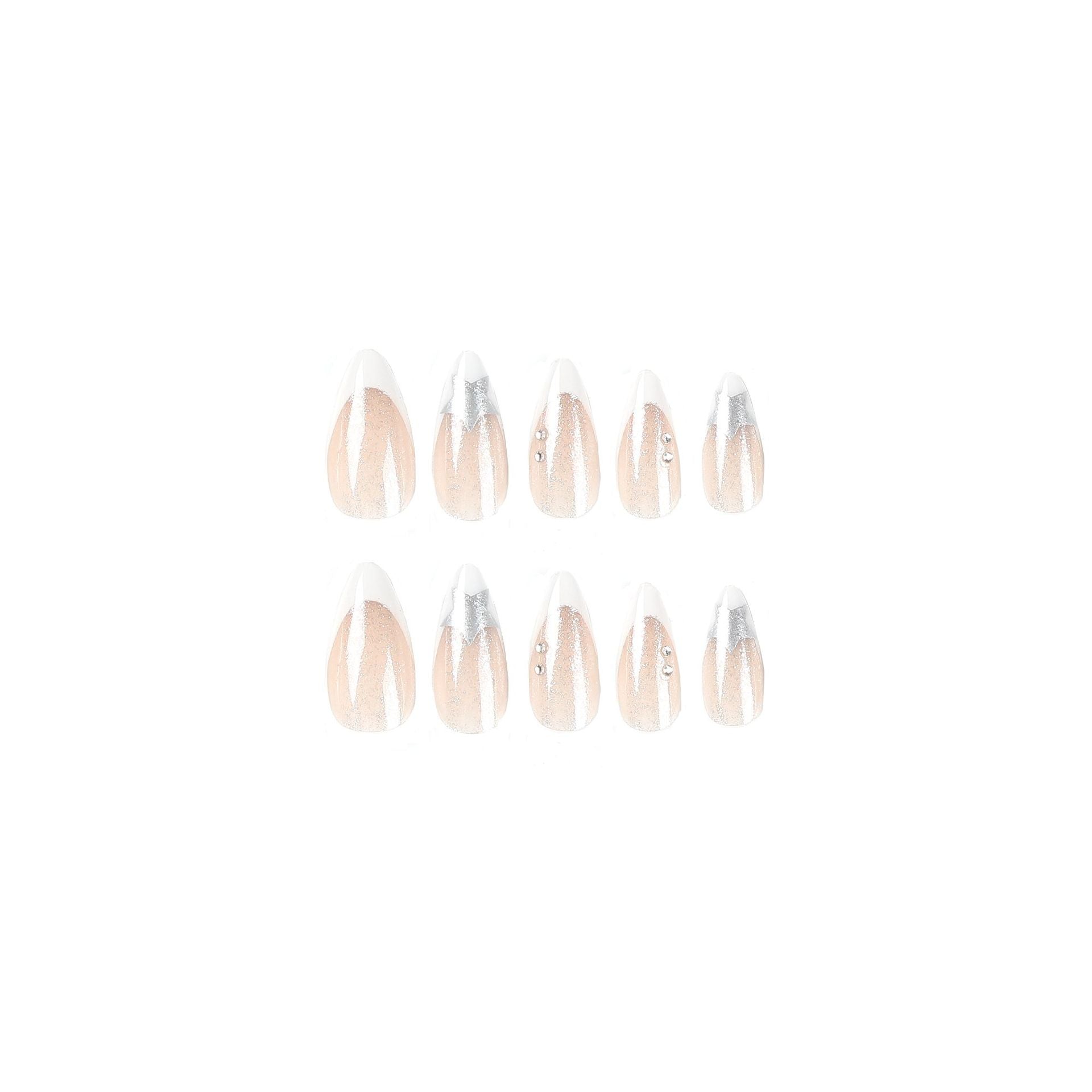 Nail art piece Finished white French silver pentagram white rhinestone nail piece Finished removable advanced nail｜365nails