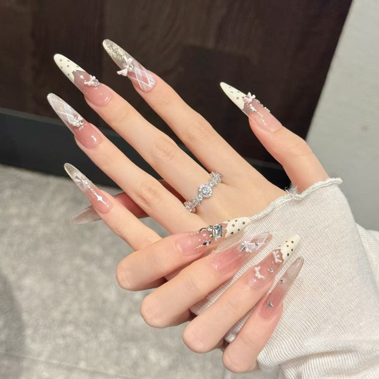 Pink Ribbon Glitter Vintage Sweet Press On Nails