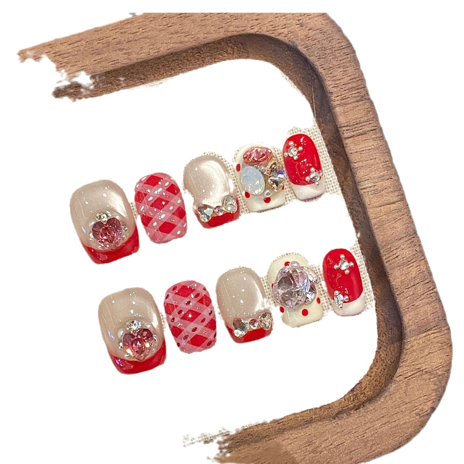 365nails: "Candy Plaid" – 3D Bow & Rhinestone Handmade Square Nails
