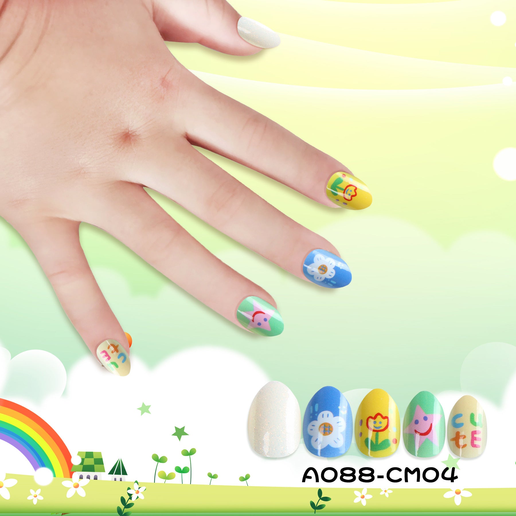 Kids press-on nails Cute cartoon smiley face flower glue-free direct sticker nail piece