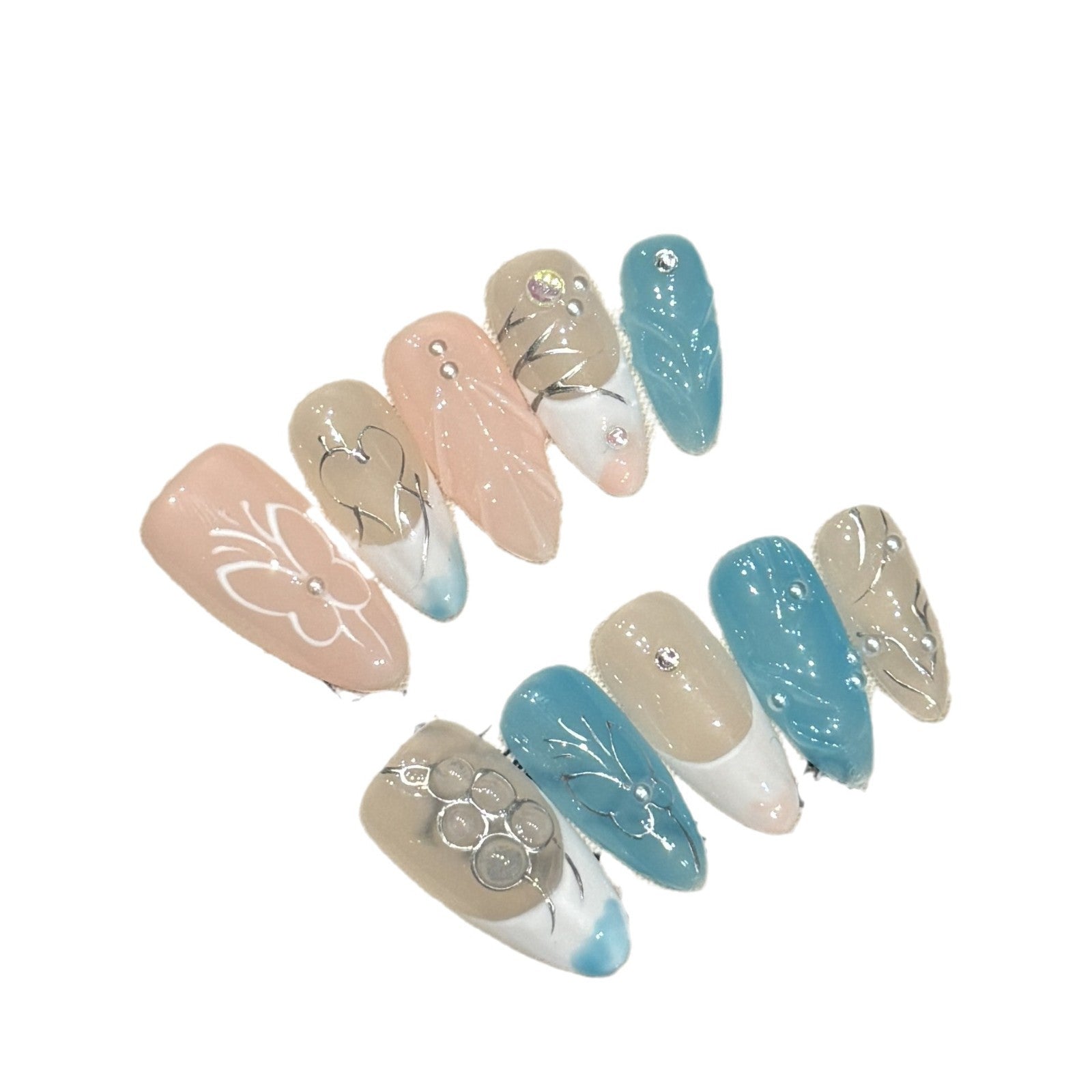 365nails: "Sussurro do Oceano" – Unhas Postiças em Formato Caixão com Flores 3D Feitas à Mão