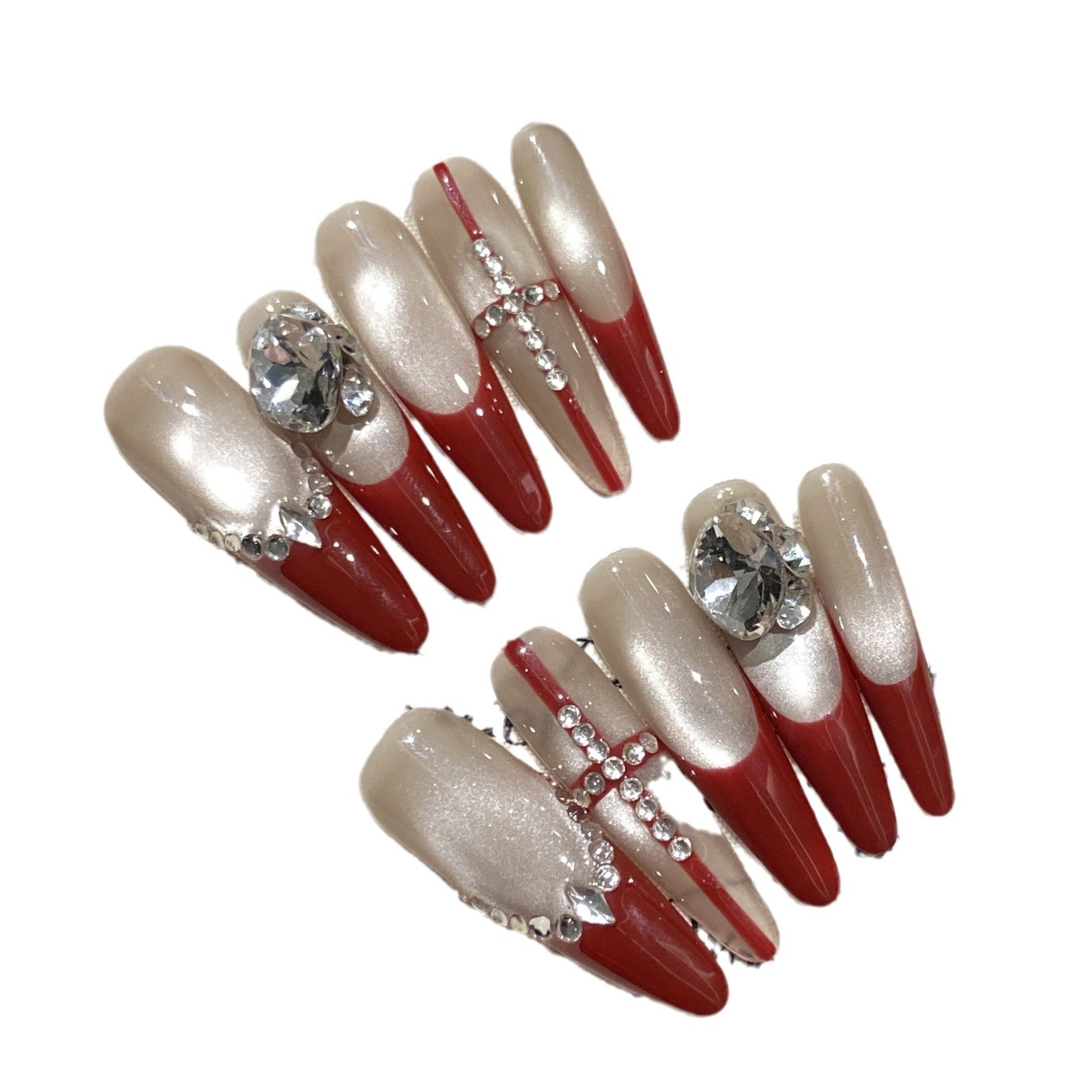 365nails: "Crimson Royalty" – 3D Diamond French Handmade Stiletto Nails