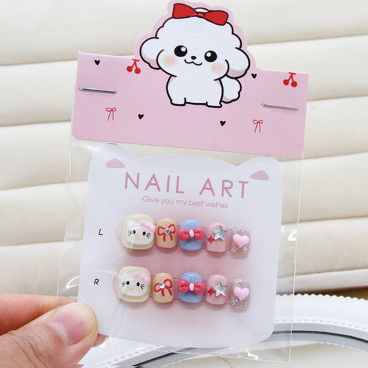 Shining cute children's fun stars love cat bow ins wind fake nails kids nails｜365nails