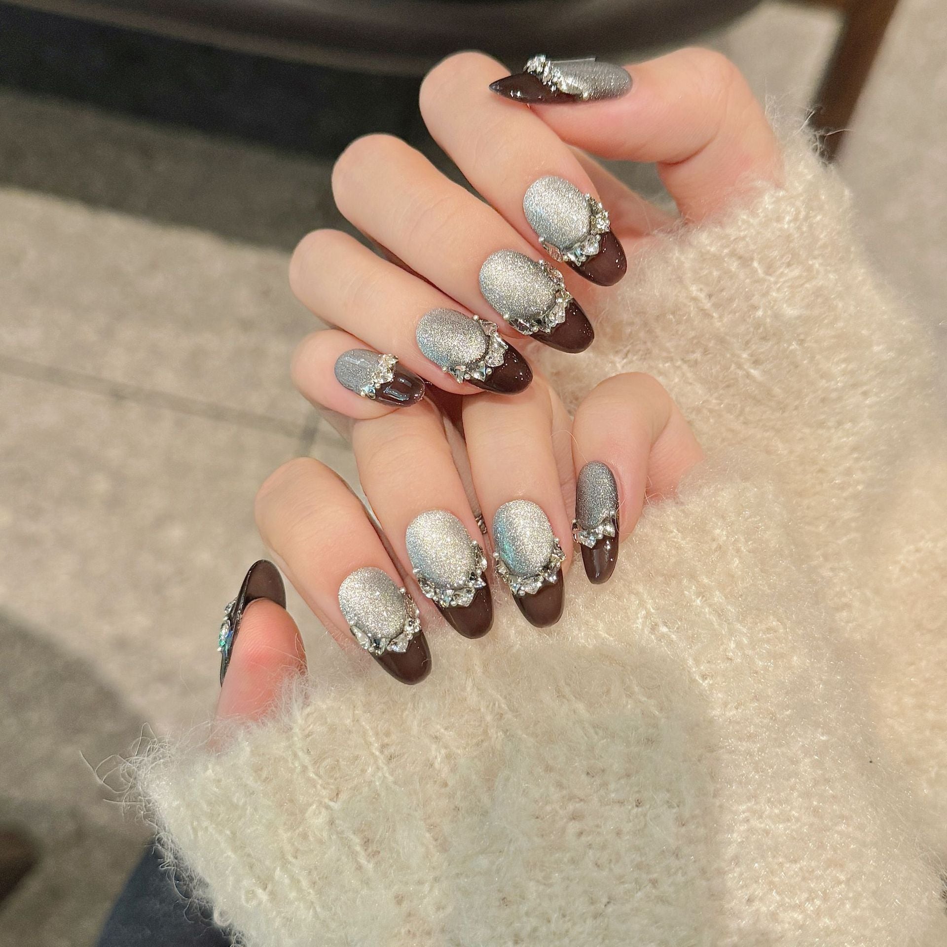 365nails: "Midnight Mirage" – Cat Eye & Rhinestone Handmade Press on Nails Short Square Nails