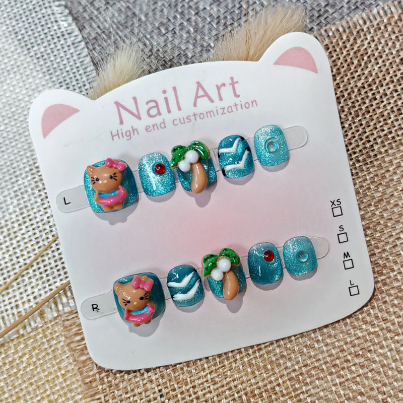 365nails：「夏威夷假期小貓」—短款寬版手工製兒童穿戴甲